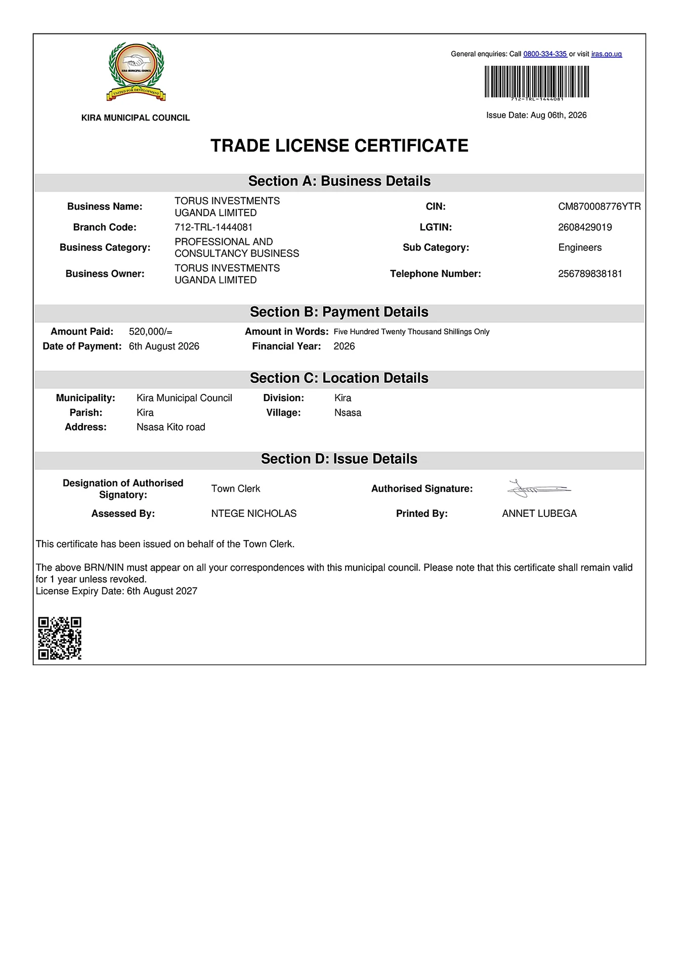 Official Business License
